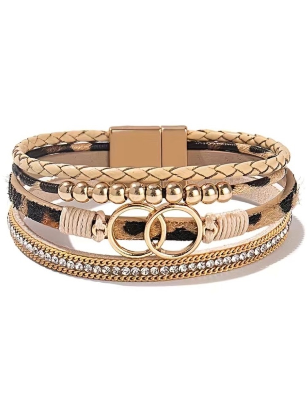 Cheetah Leopard Print Leather Multi Layer Circle Crystal Magnetic Bracelet
